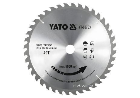 ЯТO диск пильный победитовый по дереву: 305x30x3.2x2.2 мм, 40 зубцов, R.P.M до 5000 1/мин (YT-60783) ЯТO диск пильный победитовый по дереву: 305x30x3.2x2.2 мм, 40 зубцов, R.P.M до 5000 1/мин (YT-60783)
