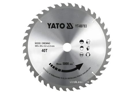 ЯТO диск пильный победитовый по дереву: 305x30x3.2x2.2 мм, 40 зубцов, R.P.M до 5000 1/мин (YT-60783)