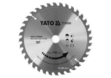 Диск пильный победитовый по дереву : 235x25.4x2.8x1.8 мм, 36 зубьев, R. P. M до 7000 1/мин YaTo YT-60686
