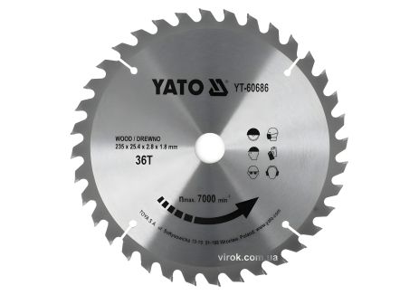 Пильный диск по дереву с победитовыми напайками : 235x25.4x2.8x1.8 мм, 36 зубьев, R. P. M до 7000 1/мин, YaTo YT-60686 Пильный диск по дереву с победитовыми напайками : 235x25.4x2.8x1.8 мм, 36 зубьев, R. P. M до 7000 1/мин, YaTo YT-60686