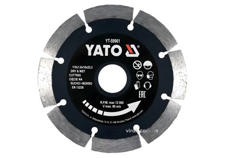 Алмазный отрезной диск по камню и бетону Ø=115x1.8x10x22.2 мм, мокрый/сухой режим YaTo YT-59961