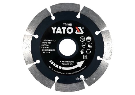 Диск для різання алмазний по каменю та бетону Ø115x1.8x10x22.2 мм, мокрий та сухий режим YaTo YT-59961