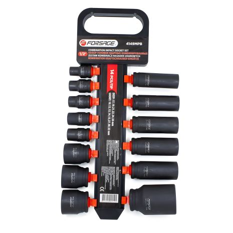 Комбинированный набор ударных головок 14 шт., 1/2" (короткие: 10, 12-15, 27, 30, 32 мм, глубокие: 17, 19, 21, 22, 24, 36 мм) на пластиковом держателе, марка FORSAGE F-4149MPB Комбинированный набор ударных головок 14 шт., 1/2" (короткие: 10, 12-15, 27, 30, 32 мм, глубокие: 17, 19, 21, 22, 24, 36 мм) на пластиковом держателе, марка FORSAGE F-4149MPB