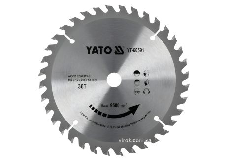 Пильний диск побідитовий по дереву: 165x16x2.2x1.5 мм, 36 зубів, RP M до 9500 1/хв YaTo YT-60591