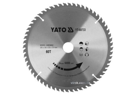 Диск пильный победитовый по дереву : 255x30x3.0x2.0 мм, 60 зубьев, R. P. M до 6000 1/мин YaTo YT-60733
