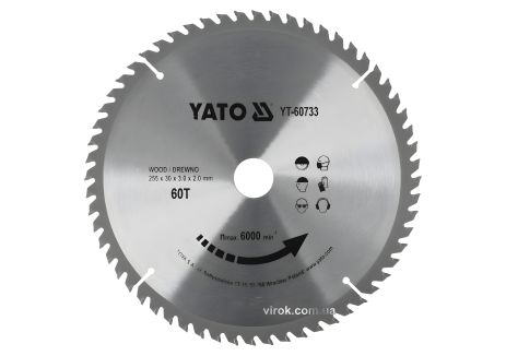 Пильний диск побідитовий по дереву: 255x30x3.0x2.0 мм, 60 зубів, RP M до 6000 1/хв YaTo YT-60733