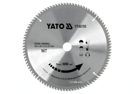 Пильний диск по дереву YaTo YT-60785: 305x30x3.2x2.2 мм, 96 зубців, RP M до 5000 1/хв