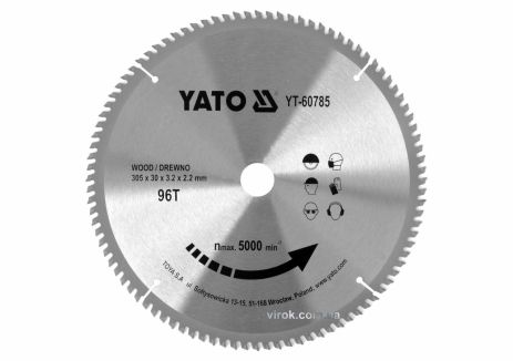 Диск пильный победитовый по дереву : 305x30x3.2x2.2 мм, 96 зубцов, R. P. M до 5000 1/мин YaTo YT-60785