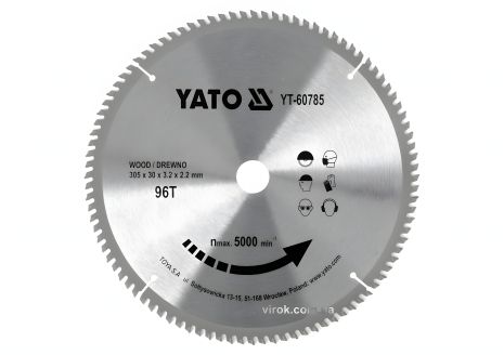 Пильний диск по дереву YaTo YT-60785: 305x30x3.2x2.2 мм, 96 зубців, RP M до 5000 1/хв