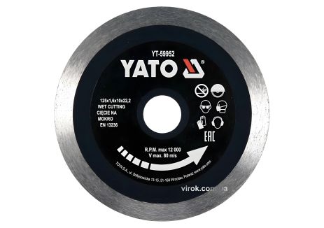 Диск відрізний алмазний по гресу, склу, кераміці Ø=125x1.6x10x22.2 мм, в мокрому та сухому режимі, YaTo YT-59952, багатофункціональний