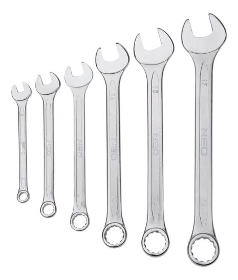 Набор комбинированных ключей 6-32 мм, сталь CrV, DIN3113, перештампованные сатинированные, полированная головка, изогнутая под углом 15°, текстильный футляр NEO 09-753