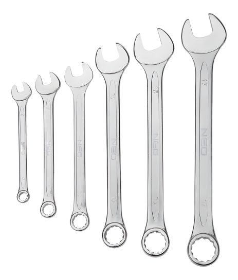 Ключи комбинированные 6, 8,10, 13, 15, 17 мм, сталь CrV, DIN3113, перештампованные сатинированные, полированная головка, изогнутая под углом 15°, текстильный футляр NEO 09-750