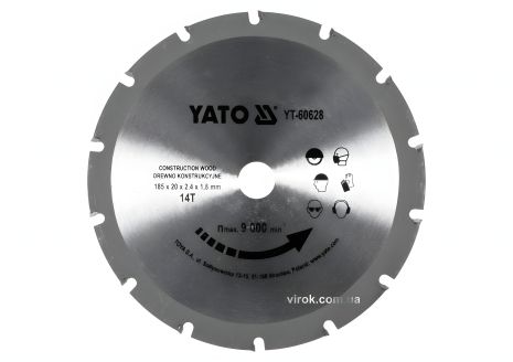Пильний диск по дереву з цвяхами: Ø= 185х2.4x20 мм, 14 зубів, до 9000 об/хв YaTo YT-60628