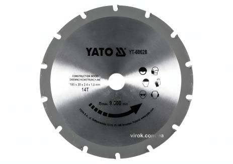 Пильний диск по дереву з цвяхами: Ø= 185х2.4x20 мм, 14 зубів, до 9000 об/хв YaTo YT-60628