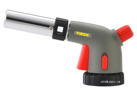 Газовая горелка с цанговым соединением, пьезоподжигом, керамическим соплом и блокировочной кнопкой Virok 44V179 Газовая горелка с цанговым соединением, пьезоподжигом, керамическим соплом и блокировочной кнопкой Virok 44V179