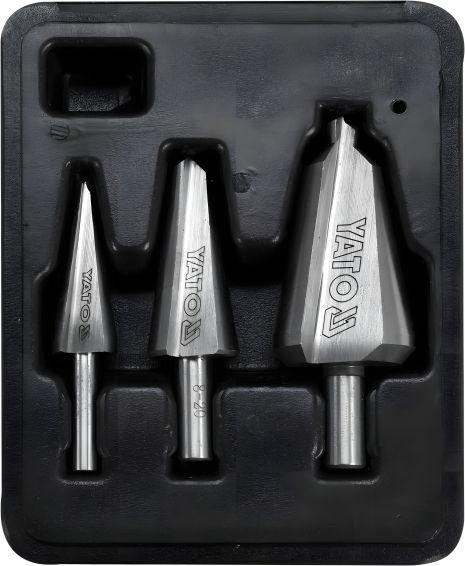 Набор конусных сверл по металлу и ПВХ HSS 4241 (Ø= 3-14 мм, 8-20 мм, 16-30 мм), 3 шт., Yato YT-44730 Набор конусных сверл по металлу и ПВХ HSS 4241 (Ø= 3-14 мм, 8-20 мм, 16-30 мм), 3 шт., Yato YT-44730