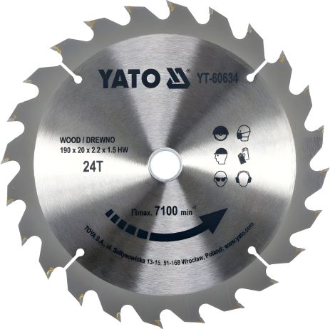 Пильный диск для дерева Ø=190х20х2.2x1.5 мм циркулярная пила YT-82150 Yato YT-60634