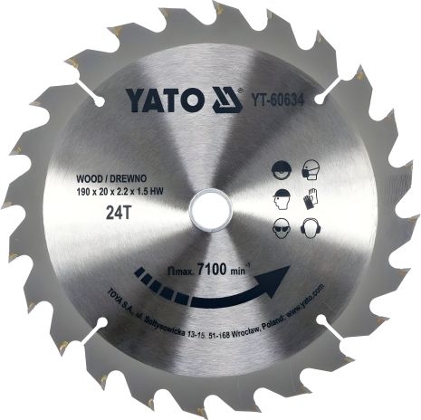 Пильний диск по дереву Ø=190х20х2.2x1.5 мм для циркулярної пилки, Yato YT-60634