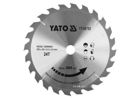 Диск пильный победитовый по дереву : 305x30x3.2x2.2 мм, 24 зубца, R. P. M до 5000 1/мин YaTo YT-60782