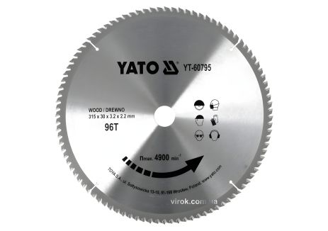 Пильный диск по дереву: 315x30x3.2x2.2 мм, 96 зубцов, до 4900 RPM, YaTo YT-60795 Пильный диск по дереву: 315x30x3.2x2.2 мм, 96 зубцов, до 4900 RPM, YaTo YT-60795