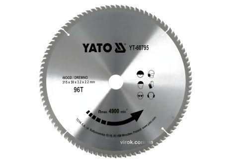 Пильный диск по дереву: 315x30x3.2x2.2 мм, 96 зубцов, до 4900 RPM, YaTo YT-60795 Пильный диск по дереву: 315x30x3.2x2.2 мм, 96 зубцов, до 4900 RPM, YaTo YT-60795