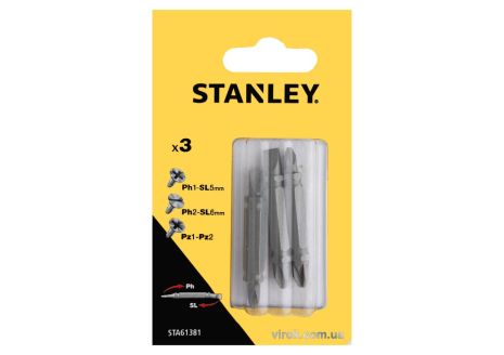 Набор отверточных двухсторонних насадок PH1-SL5 PH2-SL6 PZ1-PZ2 48 мм 3 шт Stanley STA61381-XJ