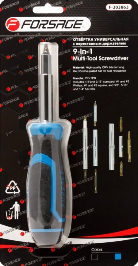 Викрутка універсальна переставна з комплектом біт, L-210мм (PH1, PH2, SL4.5, SL5.5, S1, S2), в блістері FORSAGE F-303863