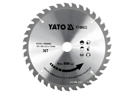 Диск пильный победитовый по дереву : 185x20x2.2x1.5 мм, 36 зубьев, R. P. M до 9500 1/мин YaTo YT-60622