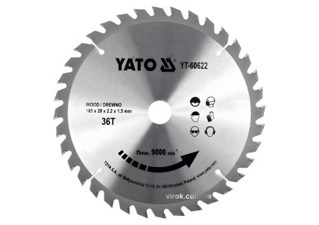 Диск пильний побідитовий по дереву: 185x20x2.2x1.5 мм, 36 зубів, RP M до 9500 1/хв YaTo YT-60622