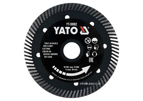 YaTo Турбо-диск отрезной алмазный по керамограниту Ø=125x1.3x10x22.2 мм (YT-59982)