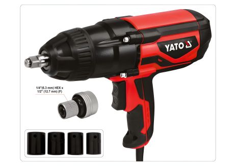 Ударний мережевий гайковерт: 1/4" HEX x 1/2" F, 1020 Вт, 600 Нм, 2600 об/хв + 4 головки та кейс YaTo YT-82021