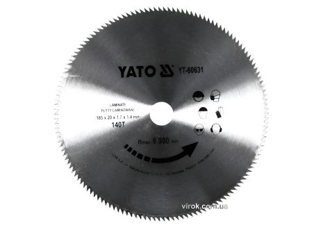 Пильный диск по ламинированным плитам, ламинату : Ø=180x1.7x20 мм, 140 зубьев, R. P. M до 9000 1/мин YaTo YT-60631