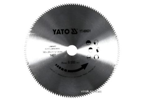 Пильний диск по ламінованих плитах, ламінату: Ø=180x1.7x20 мм, 140 зубів, RP M до 9000 1/хв YaTo YT-60631