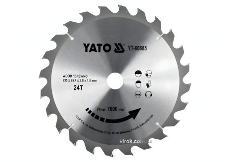 Пильный диск YaTo победитовый по дереву 235x25.4x2.8x1.8 мм, 24 зубца, до 7000 1/мин, YT-60685