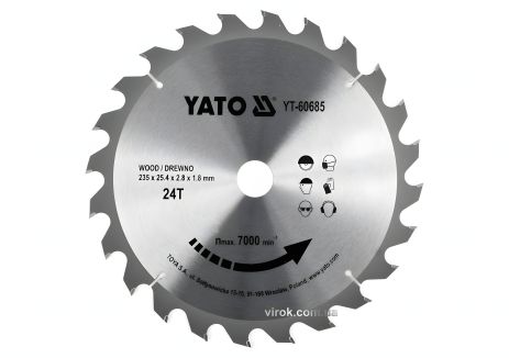 Пильний диск по дереву 235x25.4x2.8x1.8 мм, 24 зубці, YaTo YT-60685