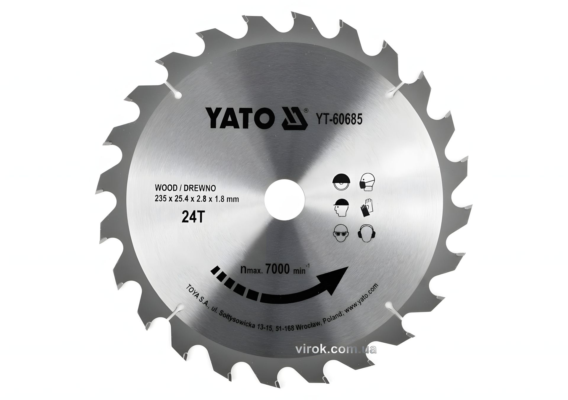 Пильный диск YaTo победитовый по дереву 235x25.4x2.8x1.8 мм, 24 зубца, до 7000 1/мин, YT-60685 Пильный диск YaTo победитовый по дереву 235x25.4x2.8x1.8 мм, 24 зубца, до 7000 1/мин, YT-60685