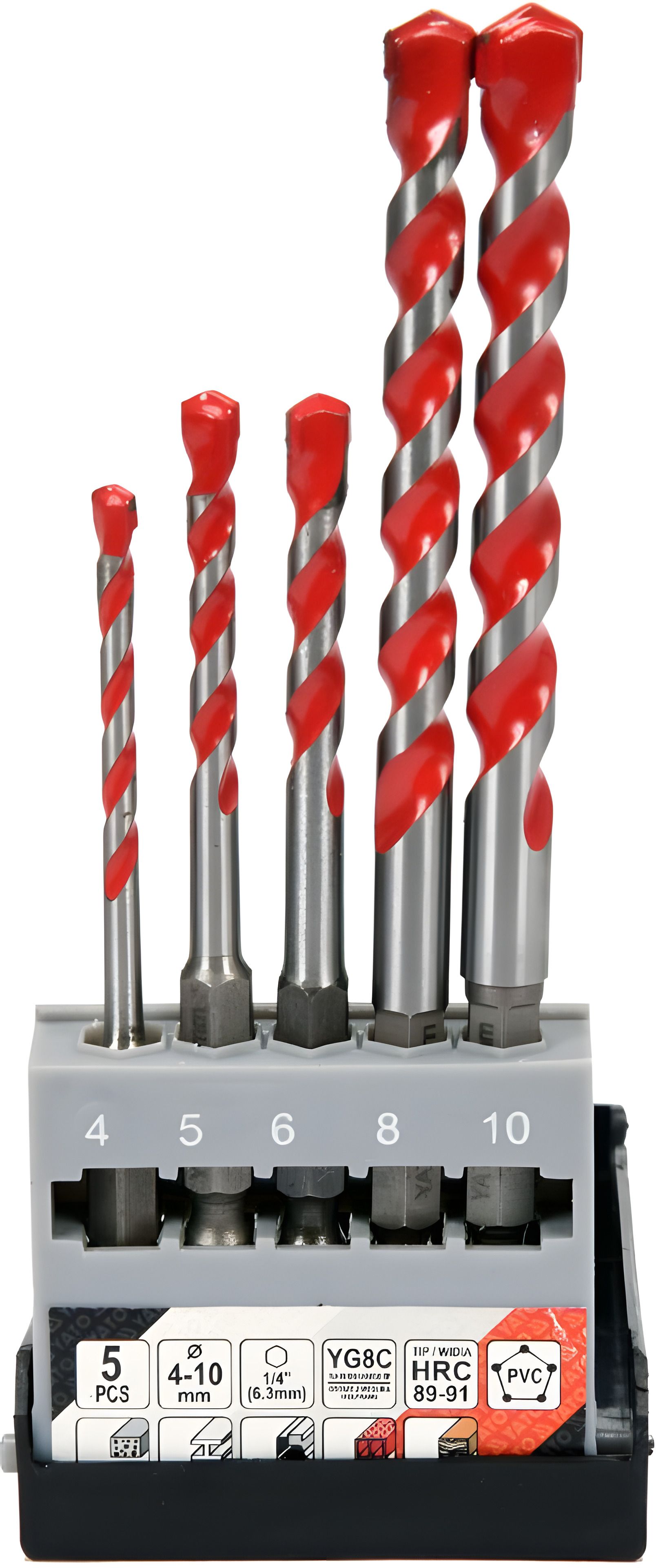 Набор универсальных сверл YG6X 4-10 мм HEX-1/4" 5 шт, Yato YT-44789 Набор универсальных сверл YG6X 4-10 мм HEX-1/4" 5 шт, Yato YT-44789
