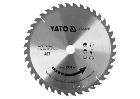 Диск пильный победитовый по дереву : 315x30x3.2x2.2 мм, 40 зубцов, R. P. M до 4900 1/мин YaTo YT-60791