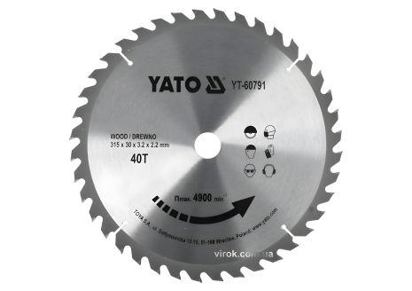 Пильний диск по дереву побідитовий: 315x30x3.2x2.2 мм, 40 зубців, RP M до 4900 1/хв YT-60791 YaTo