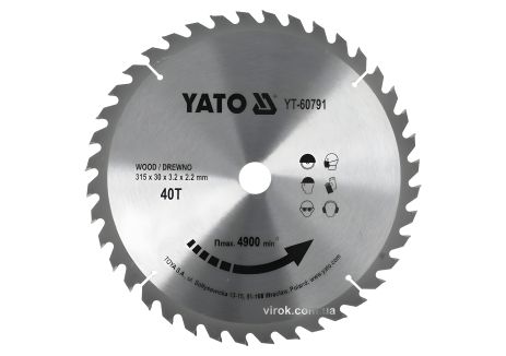 Пильный диск победитовый по дереву : 315x30x3.2x2.2 мм, 40 зубцов, R. P. M до 4900 1/мин YaTo YT-60791 Пильный диск победитовый по дереву : 315x30x3.2x2.2 мм, 40 зубцов, R. P. M до 4900 1/мин YaTo YT-60791