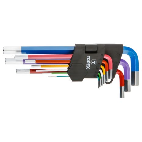 Набір шестигранників 1.5 - 10 мм, 9 шт., з рукояткою, сталь CrV, кольорове кодування Topex 35D966 Набір шестигранників 1.5 - 10 мм, 9 шт., з рукояткою, сталь CrV, кольорове кодування Topex 35D966