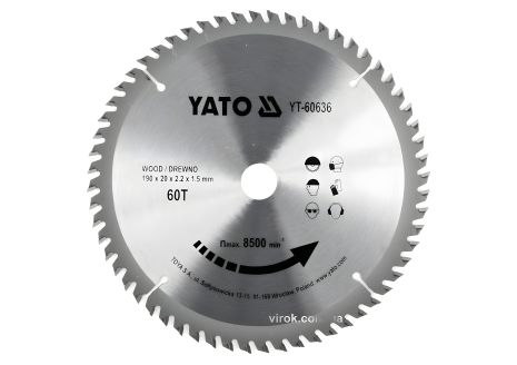 Деревний пильний диск: 190x20x2.2x1.5 мм, 60 зубів, RP M до 8500 1/хв YaTo YT-60636