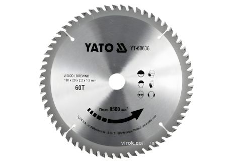 Деревний пильний диск: 190x20x2.2x1.5 мм, 60 зубів, RP M до 8500 1/хв YaTo YT-60636