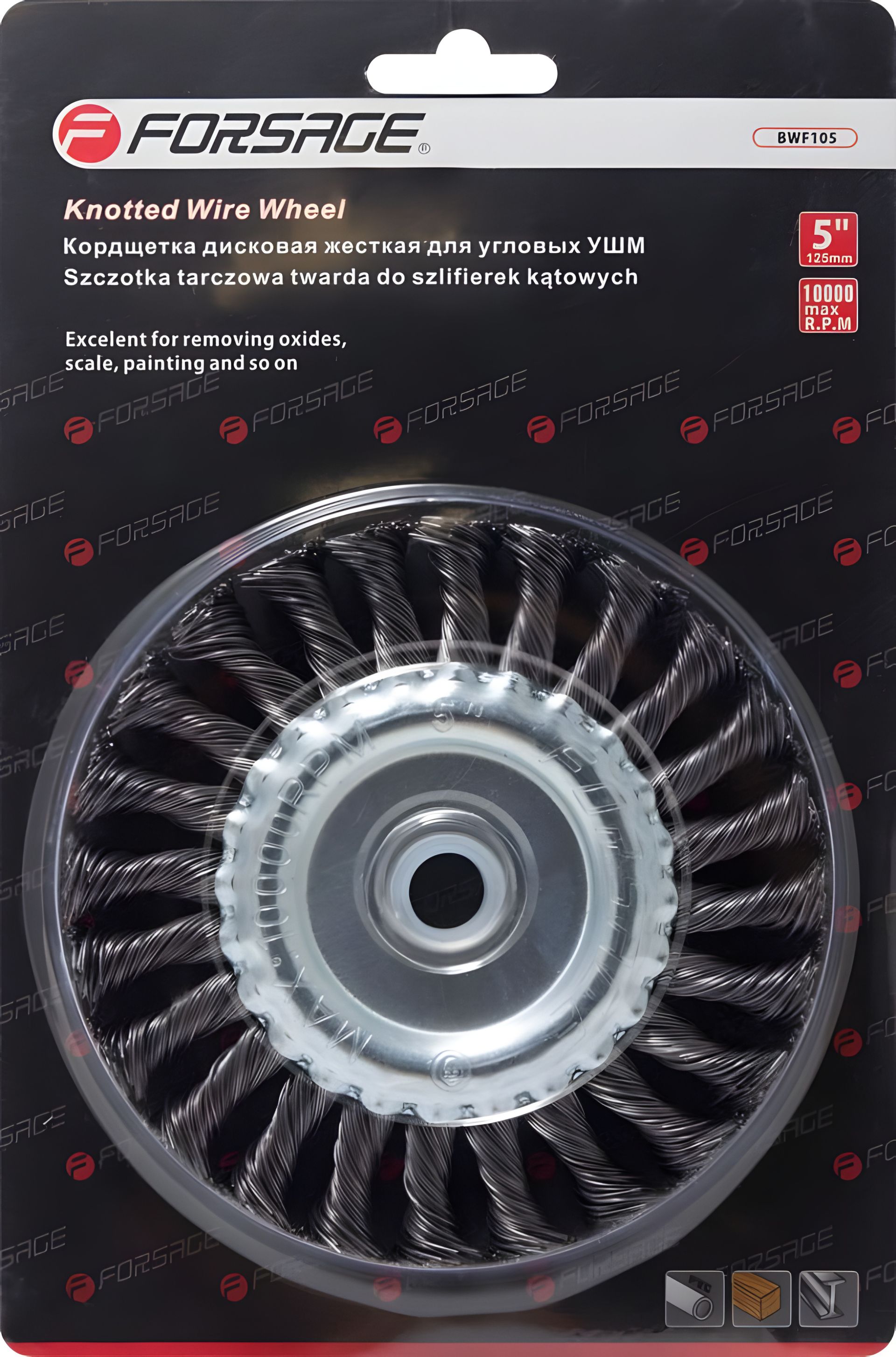 Стальная витая кордщетка дисковая для УШМ 100мм, в блистере ROCKFORCE F-BWF104 Стальная витая кордщетка дисковая для УШМ 100мм, в блистере ROCKFORCE F-BWF104