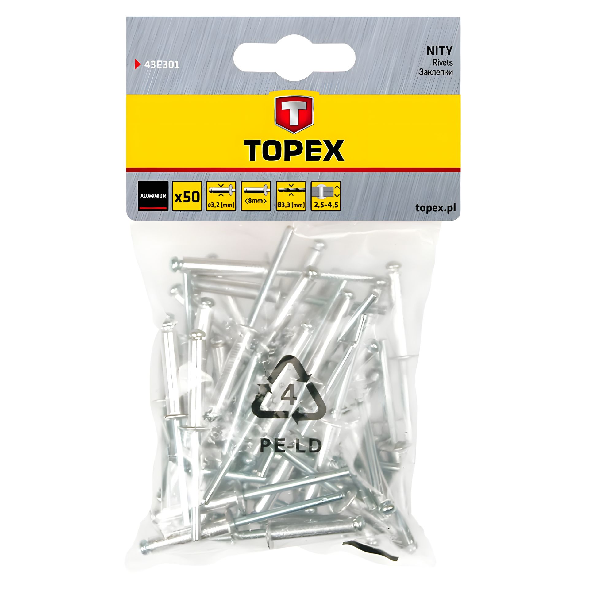 Алюминиевые заклепки 3.2 мм x 8 мм, 50 шт. Topex 43E301 Алюминиевые заклепки 3.2 мм x 8 мм, 50 шт. Topex 43E301