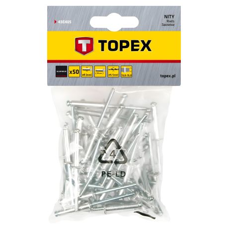 Заклепки алюмінієві 4 мм х 18 мм, 50 шт. Topex 43E405 Заклепки алюмінієві 4 мм х 18 мм, 50 шт. Topex 43E405