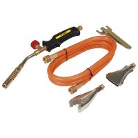 Газовая горелка, набор 2 кВт, 3 насадки, шланг 1.5 м, рабочая температура 1850°C, насадки O17 мм, 22 мм, 40 мм, мощность 2 кВт, расход газа 140 г/ч Topex 44E111