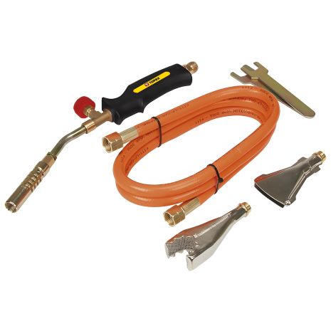 Горелка газовая, набор 2 кВт, 3 насадки, шланг 1.5 м, рабочая температура 1850ҰC, насадки O17 мм, 22 мм, 40 мм, мощность 2 кВт, средний расход газа 140 г/ч Topex 44E111