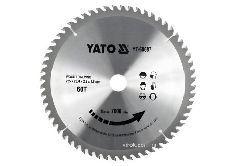Пильный диск для дерева: 235x25.4x2.8x1.8 мм, 60 зубьев, до 7000 об/мин YaTo YT-60687 Пильный диск для дерева: 235x25.4x2.8x1.8 мм, 60 зубьев, до 7000 об/мин YaTo YT-60687