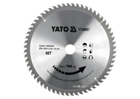 Пильний диск для дерева 235x25.4x2.8x1.8 мм YaTo YT-60687